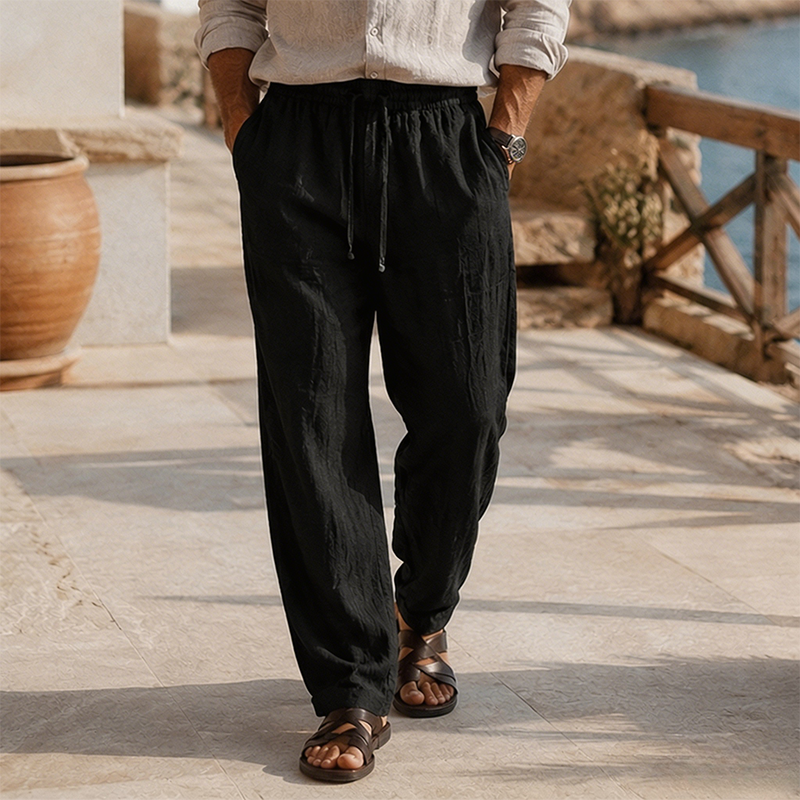 Loose Fit Lightweight Linen Beach Trousers with Drawstring Waist