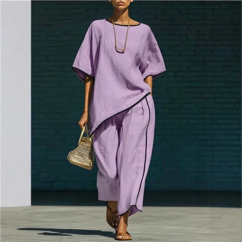 Contrast Piping Oversized Top and Wide Leg Pants Set