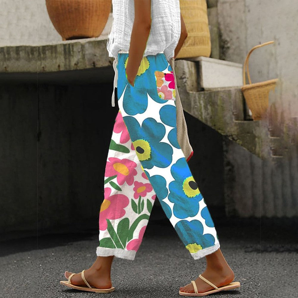 Bold Floral Print Cropped Straight Leg Trousers