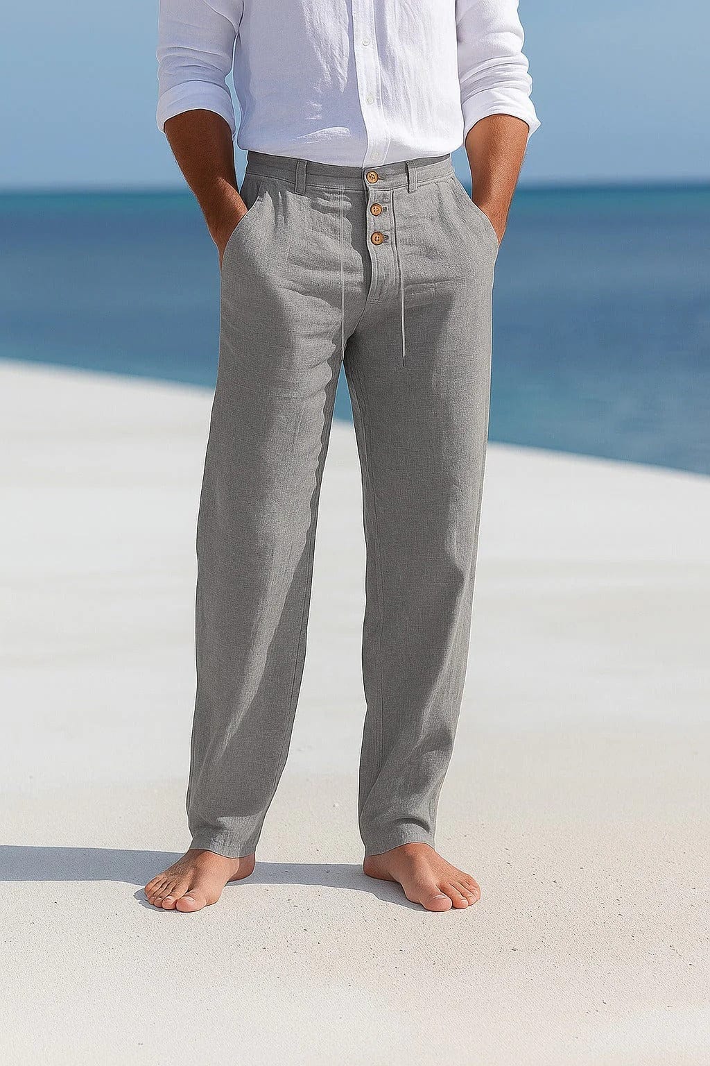 Pantalon droit en lin avec taille à cordon et boutons