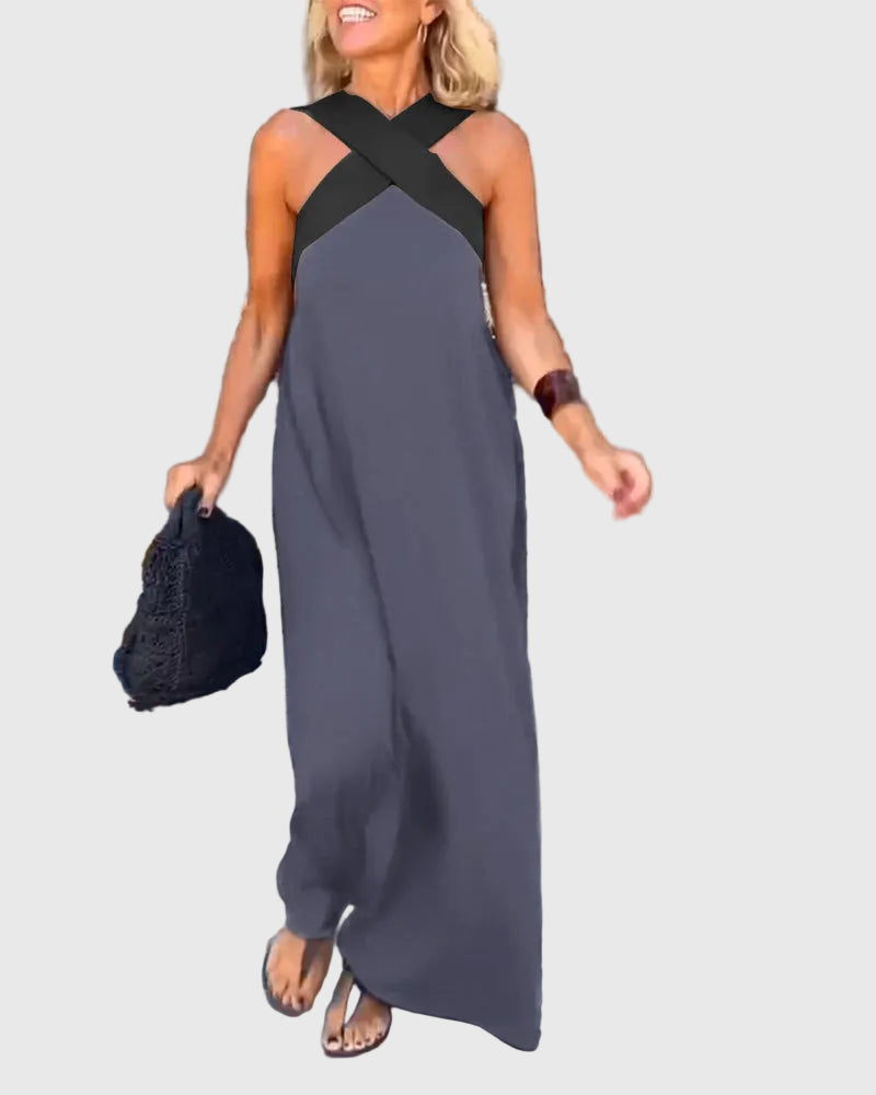 Criss Cross Halter Neck Contrast Maxi Dress