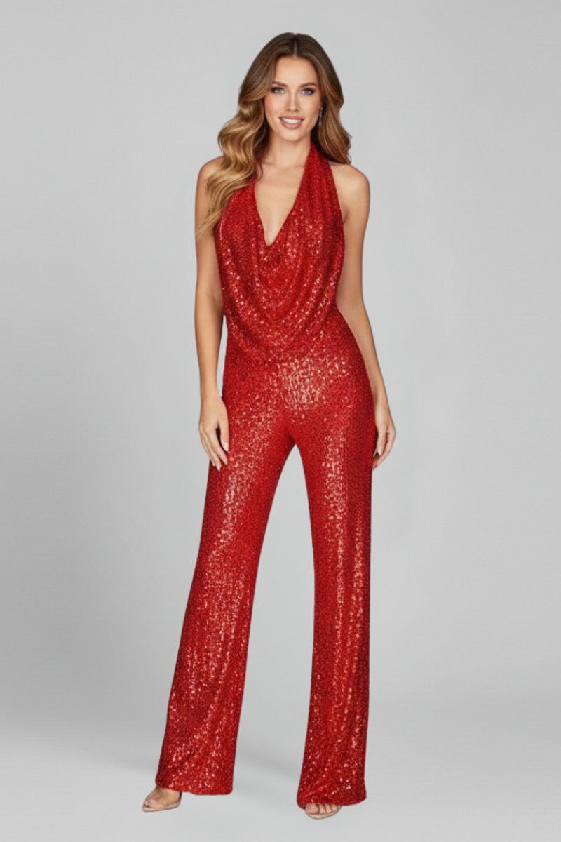 Combinaison à jambes larges, dos nu, avec encolure bénitier et sequins