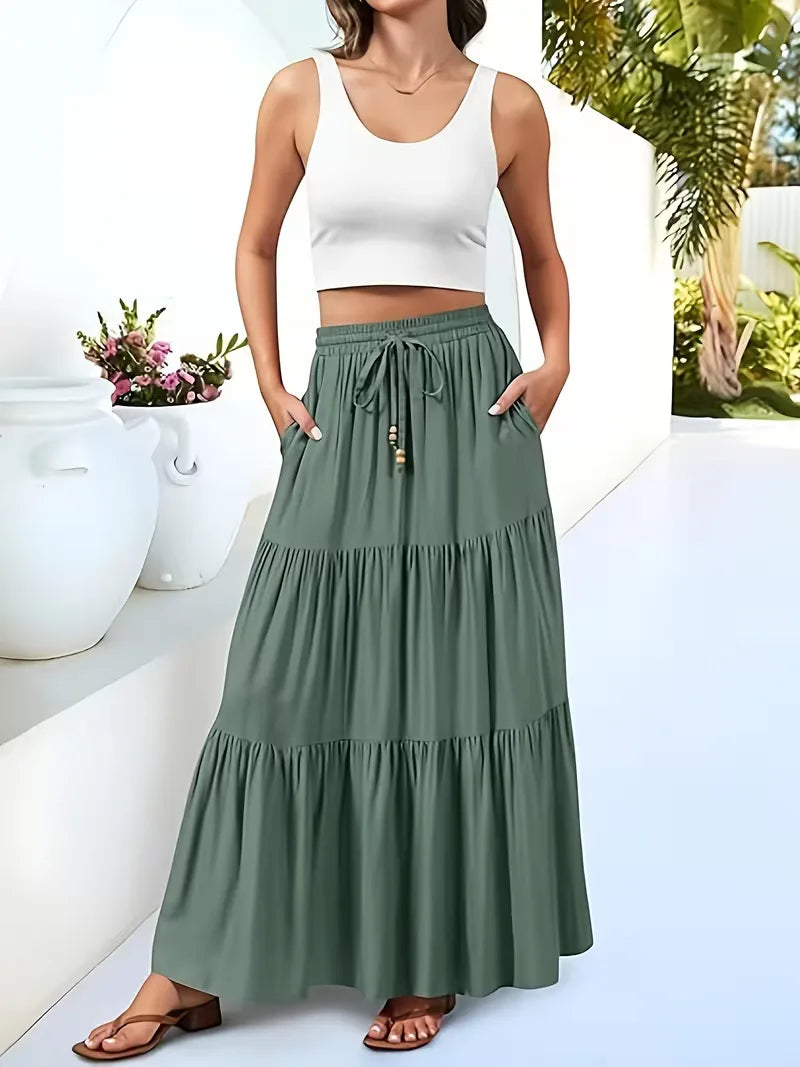 Tiered Maxi Skirt with Drawstring Tie Waist