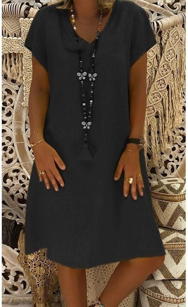 V-Neck Linen Shift Dress with Short Sleeves