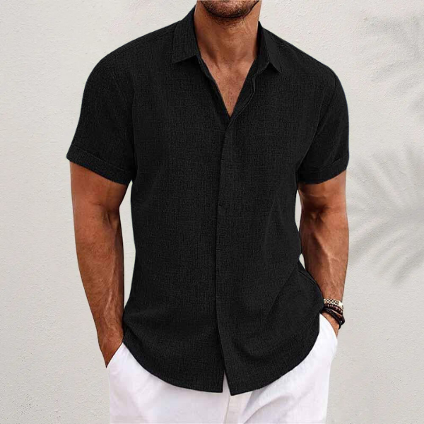 Linen Blend Short Sleeve Shirt with Point Collar