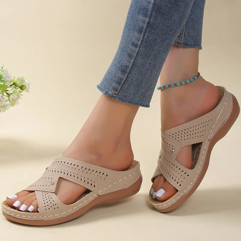 Cross-Strap Wedge Slide Sandals with Perforated Detail