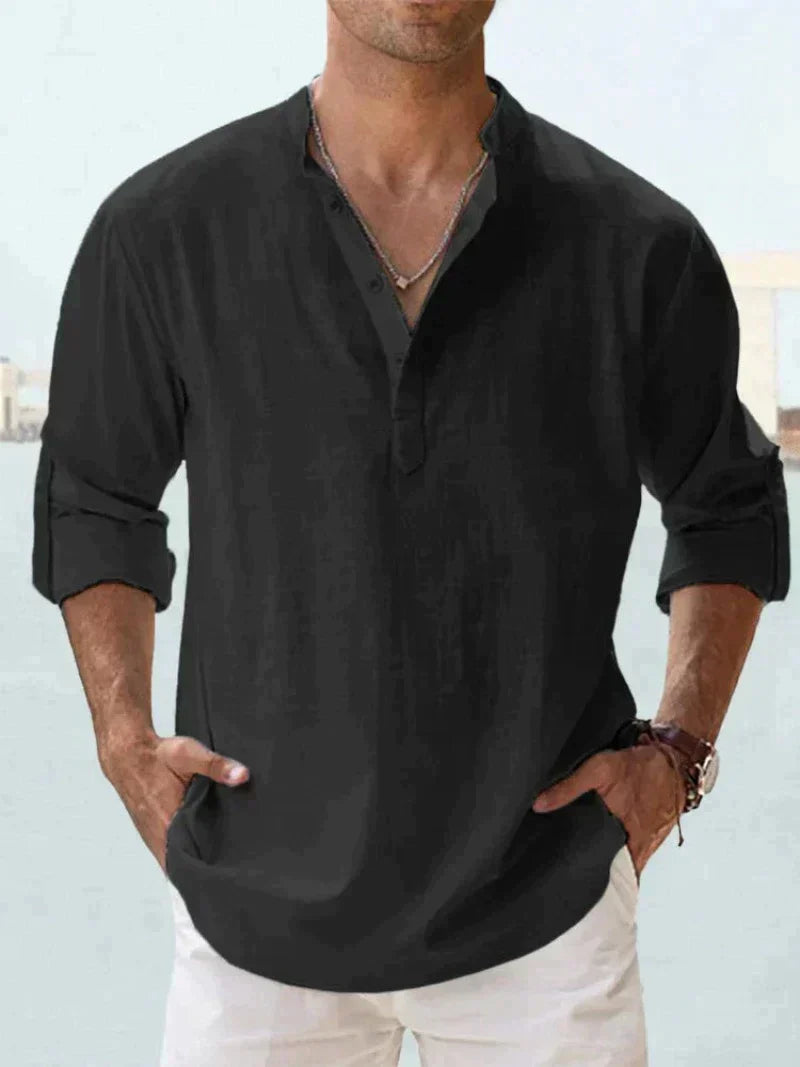 Linen Blend Long Sleeve Popover Shirt with Open Collar