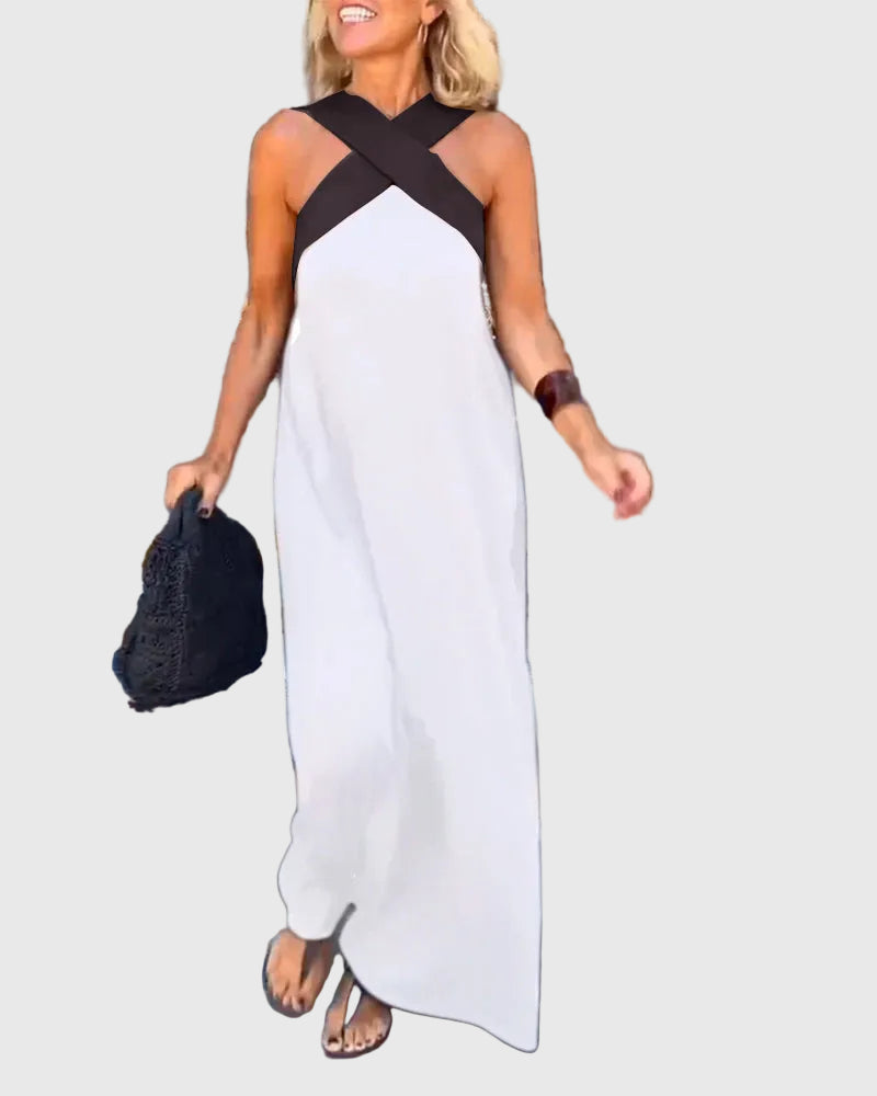 Criss Cross Halter Neck Contrast Maxi Dress