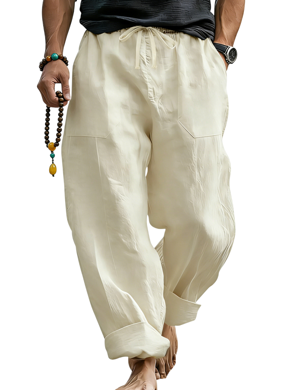 Loose Linen Blend Drawstring Trousers with Turn-Up Hem