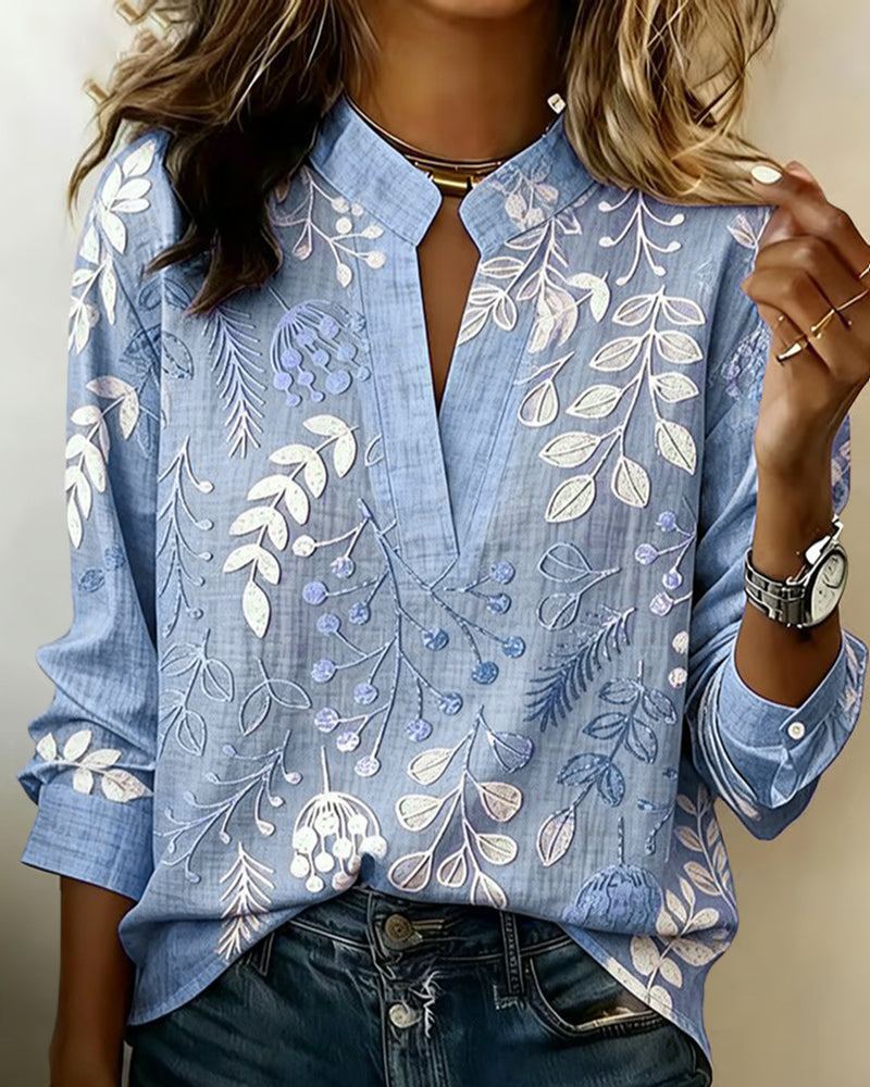 Botanical Print V-Neck Long Sleeve Blouse