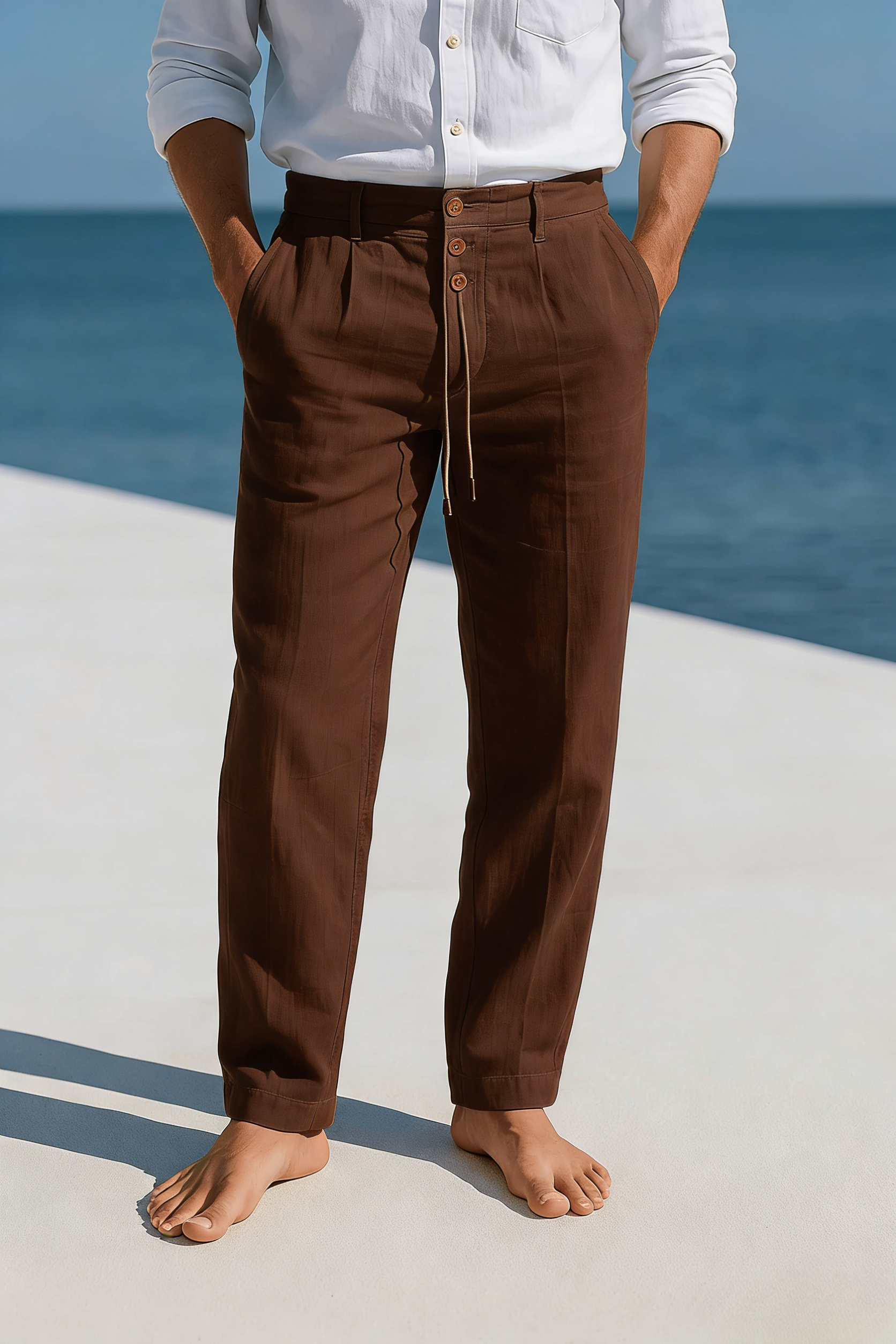Tapered Fit Linen Trousers with Button Drawstring Waist