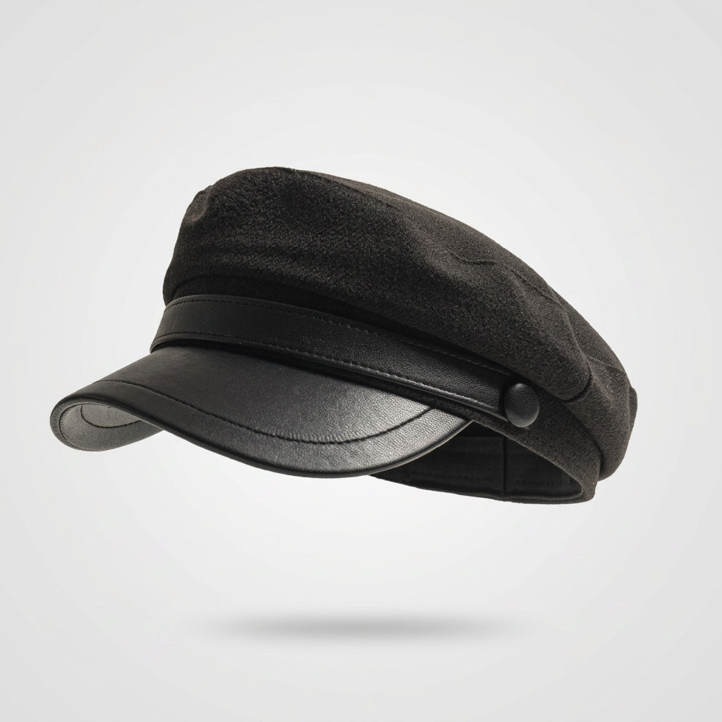 Faux Leather Brim Textured Newsboy Cap