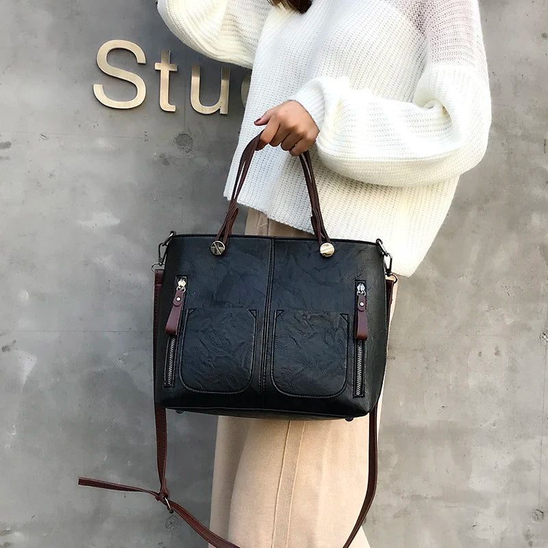 Multi-Pocket Structured Tote Bag with Front Pouches