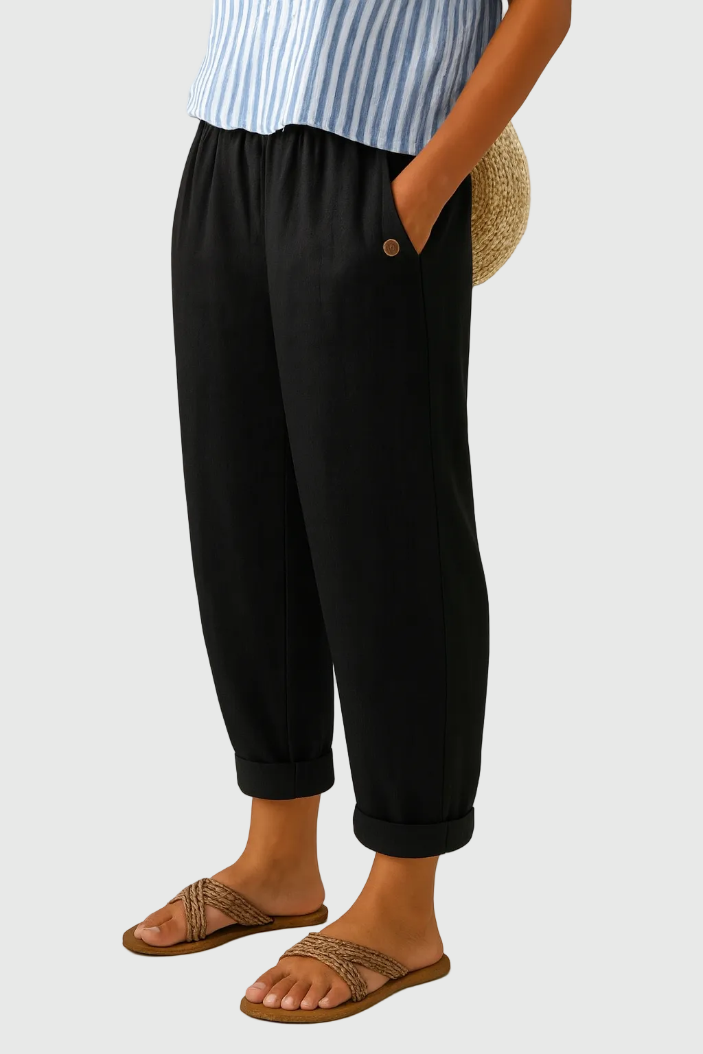 Relaxed Tapered Linen Trousers with Turn-Up Hem