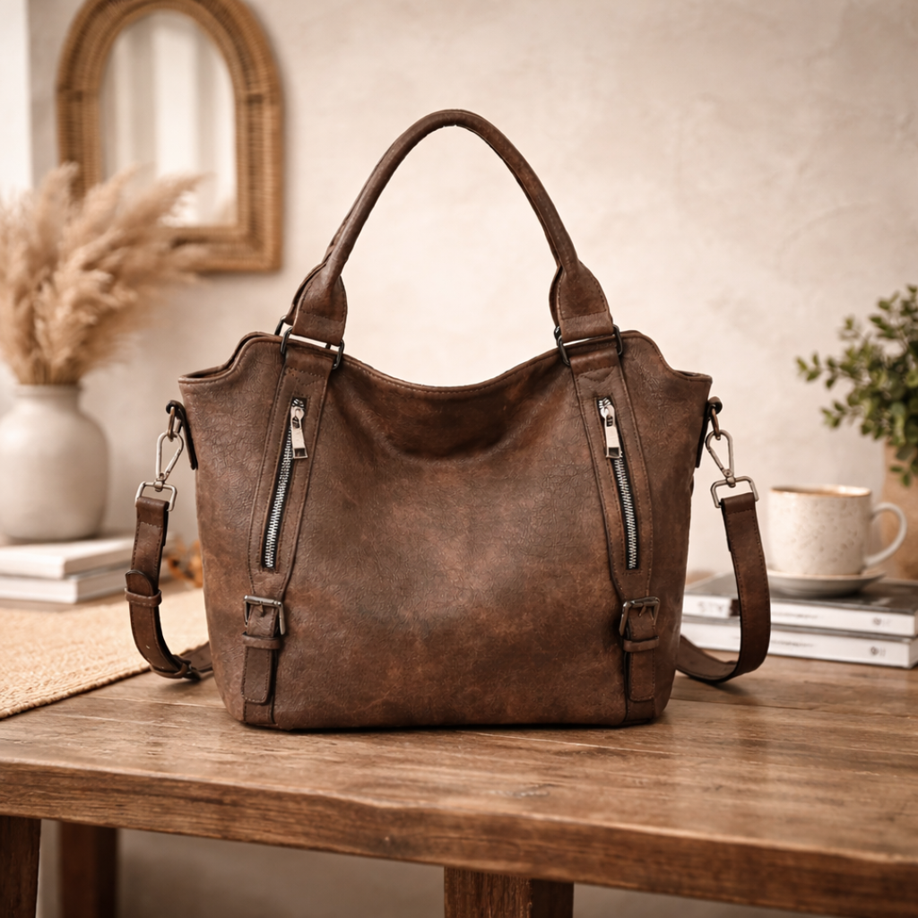 Slouchy Zip Detail Tote Bag with Buckle Straps