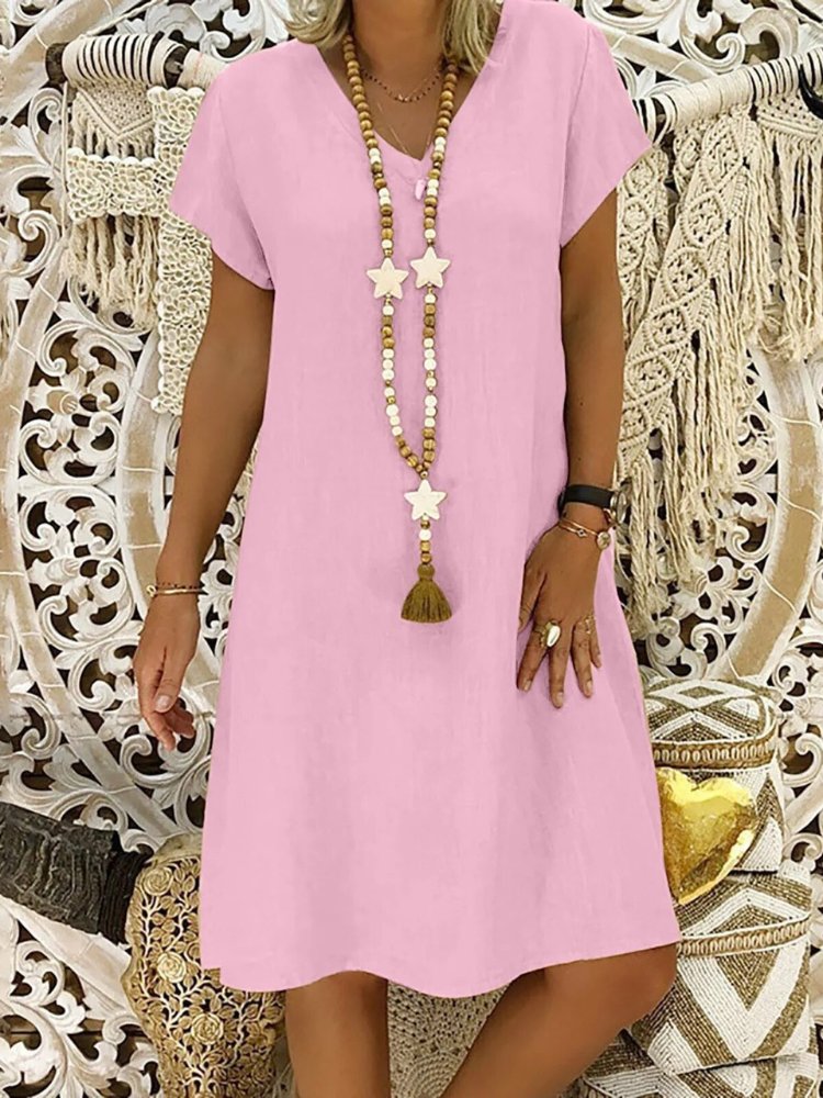 V-Neck Linen Shift Dress with Short Sleeves