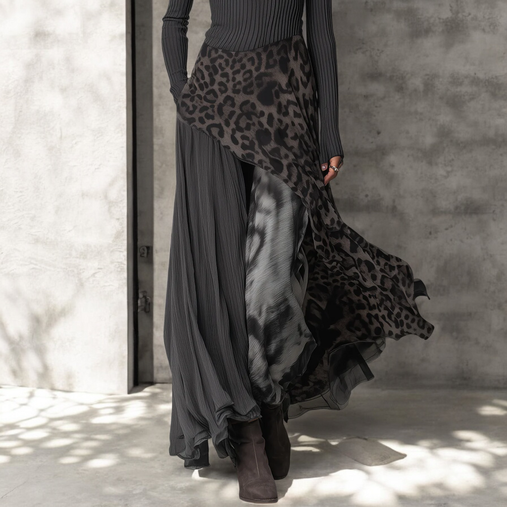 Ribbed Top and Leopard Print Asymmetric Maxi Skirt Set