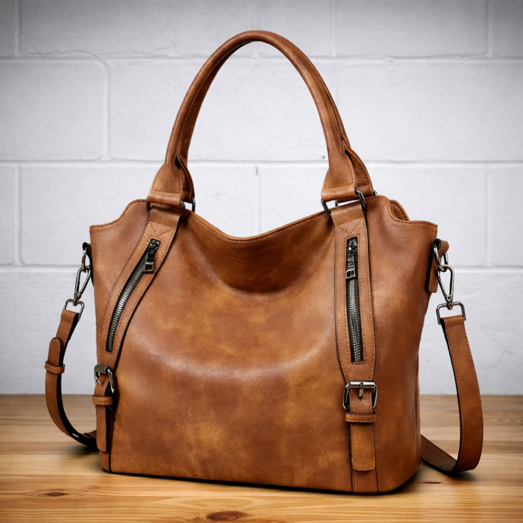 Slouchy Zip Detail Tote Bag with Buckle Straps