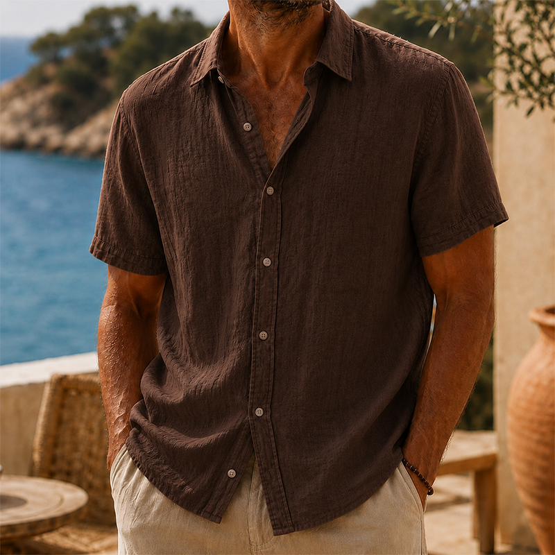 Short Sleeve Cotton Linen Shirt with Classic Collar