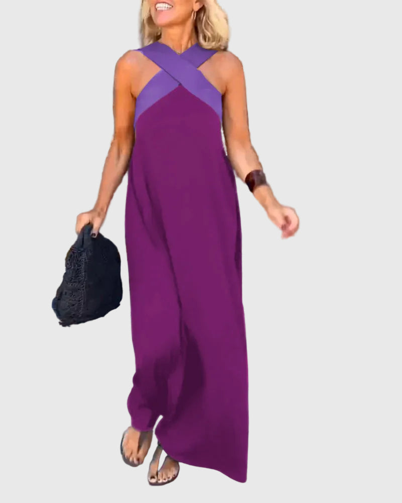 Criss Cross Halter Neck Contrast Maxi Dress