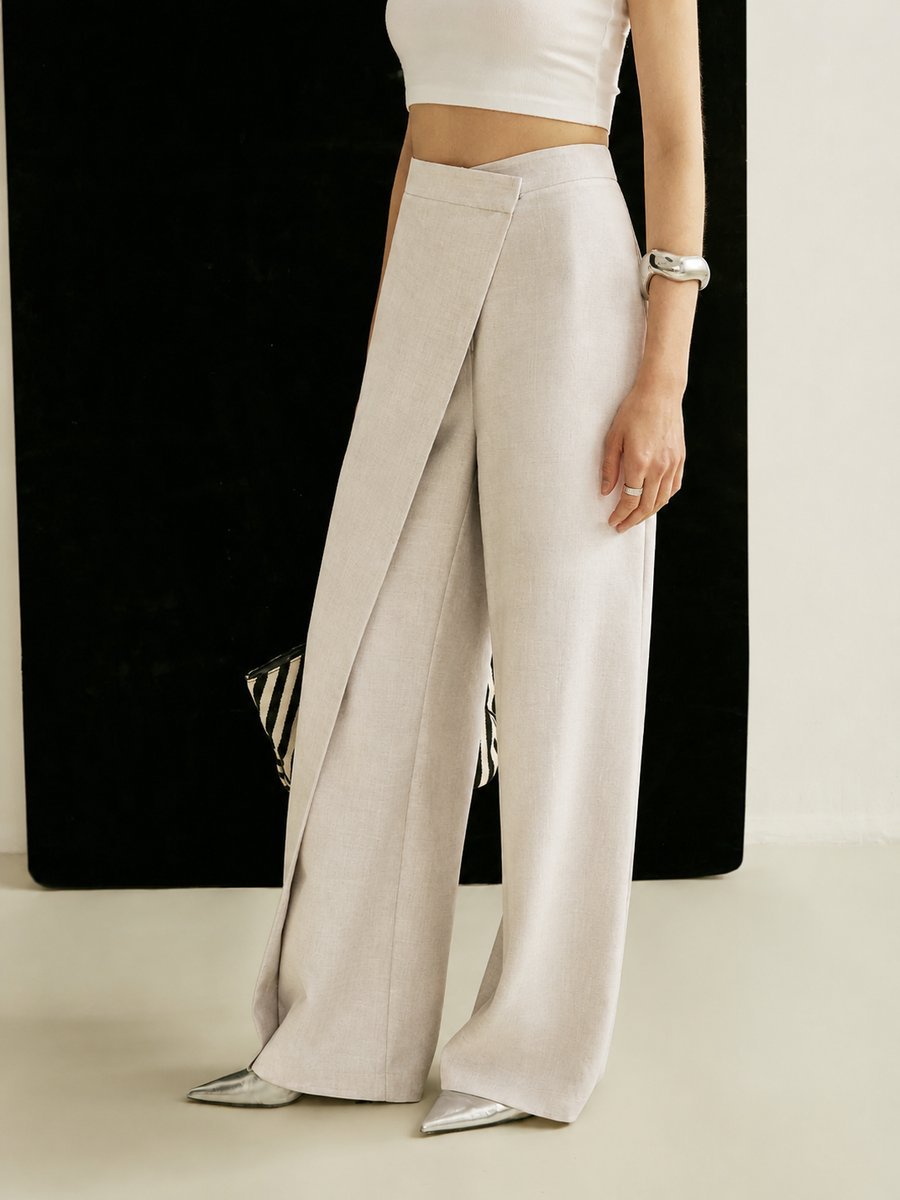 Wide Leg Tailored Trousers with Wrap Front Panel