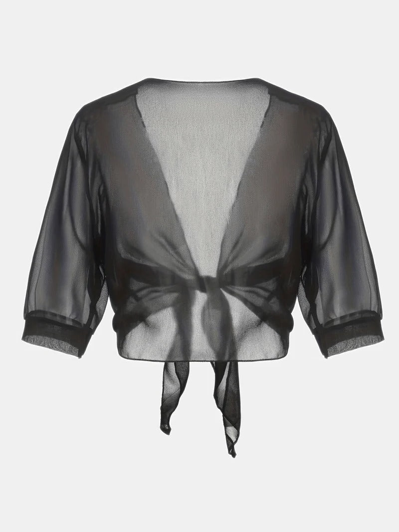 Sheer Tie-Front Cropped Chiffon Cardigan