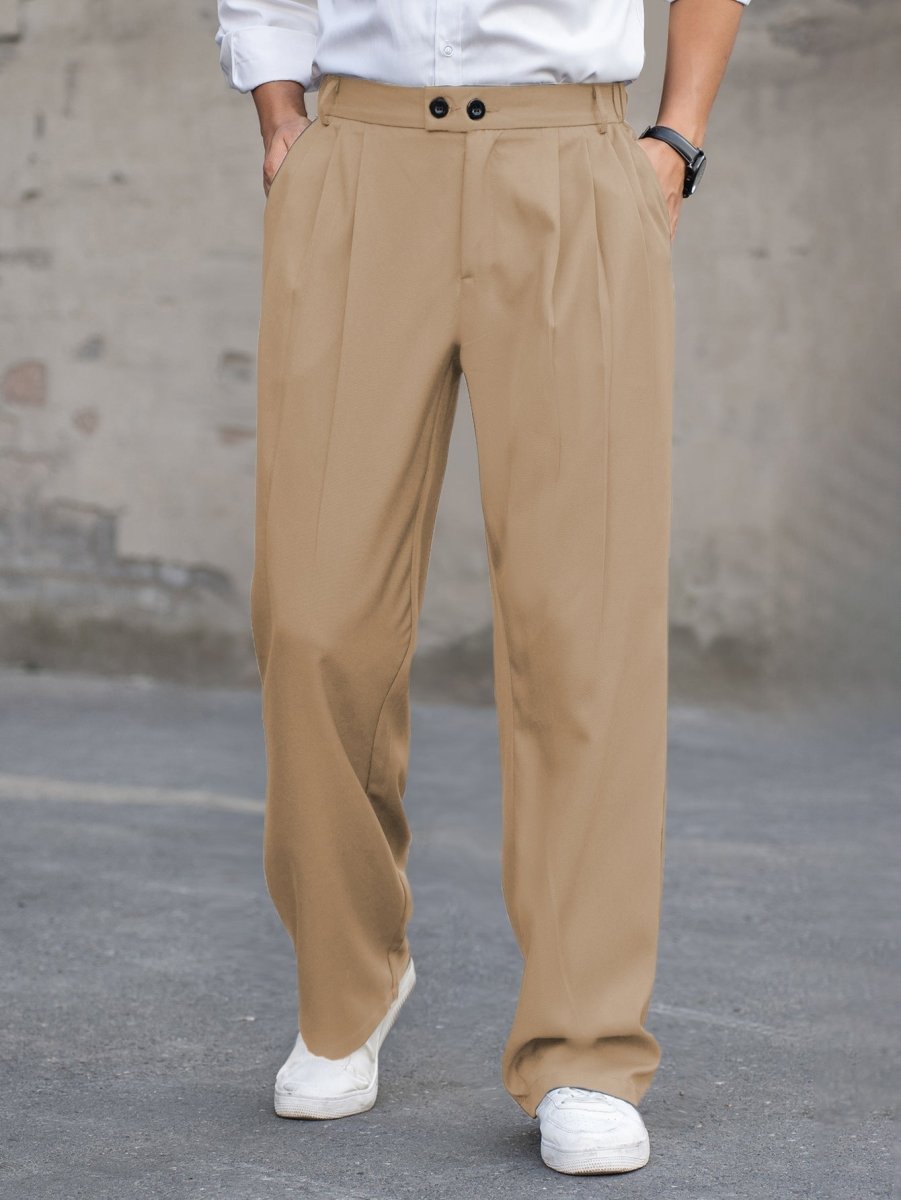 Wide Leg Pleated Trousers with Double Button Waistband