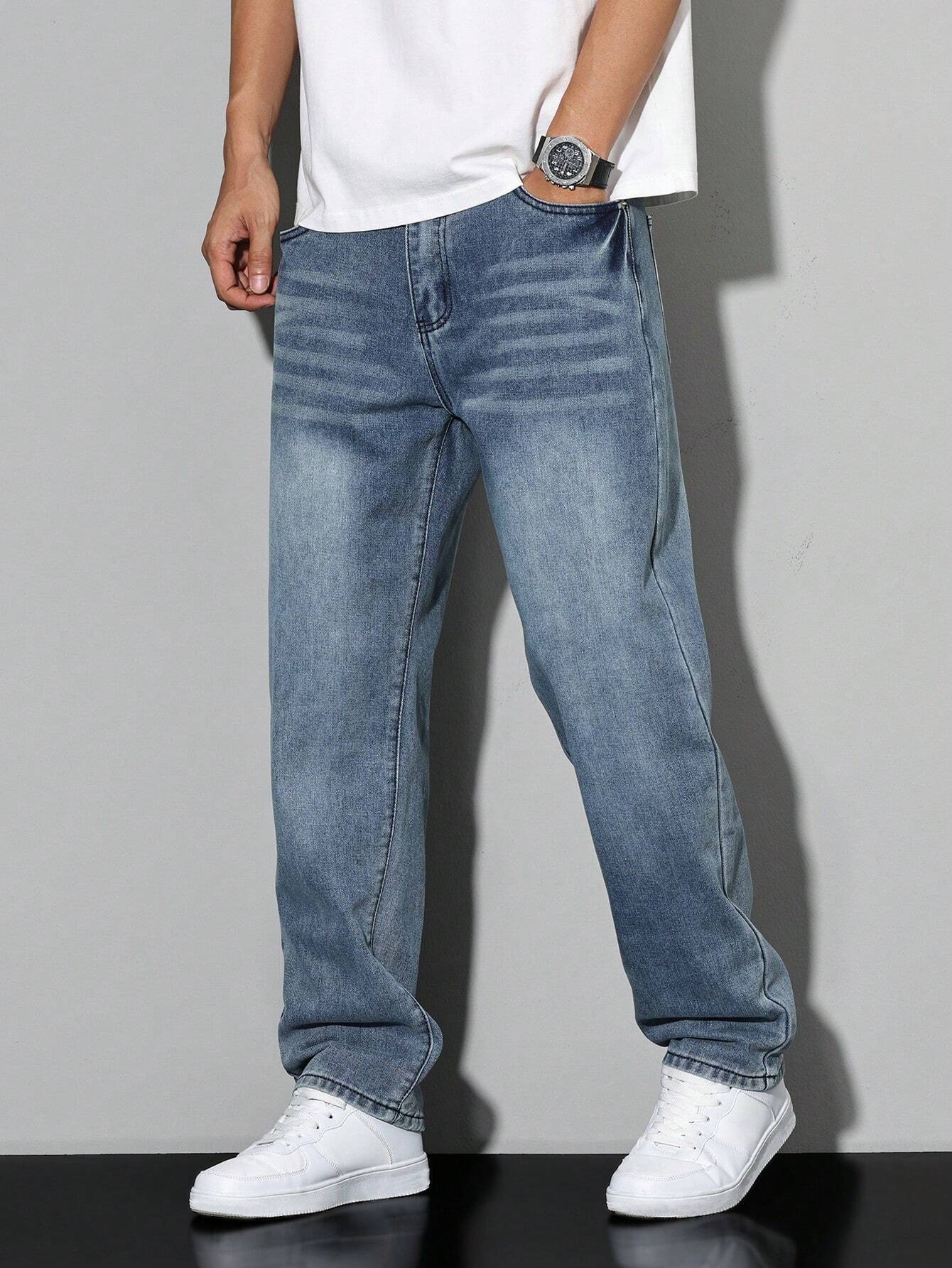 Relaxed Fit Straight Leg Jeans with Faded Wash