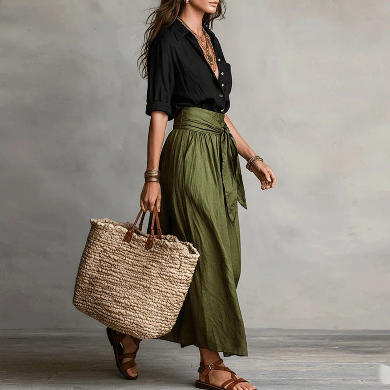 Collared Shirt and Tie Waist Maxi Skirt Set