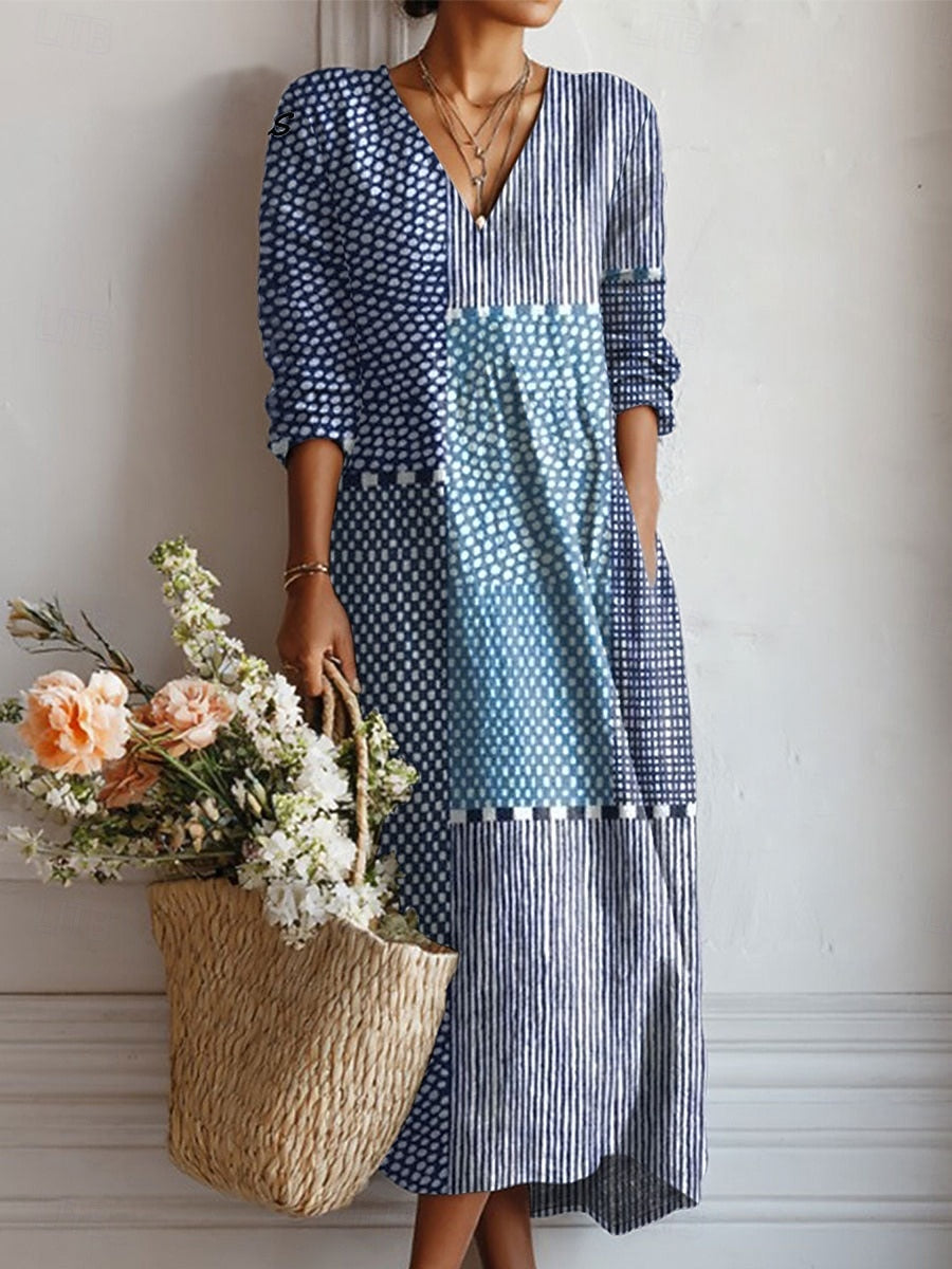 Patchwork Print Long Sleeve Maxi Dress