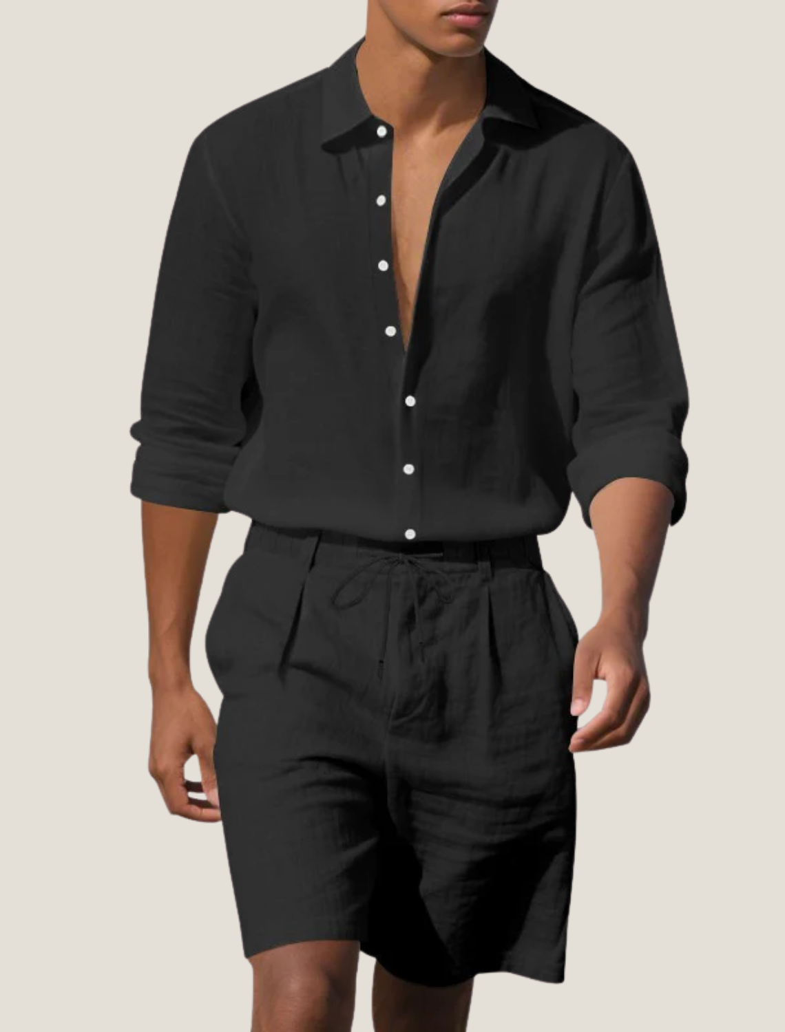 Linen Two Piece Set with Long Sleeve Shirt and Shorts