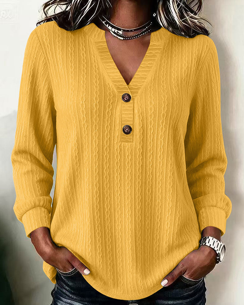 Women's Cable Textured V-Neck Button Long Sleeve Top
