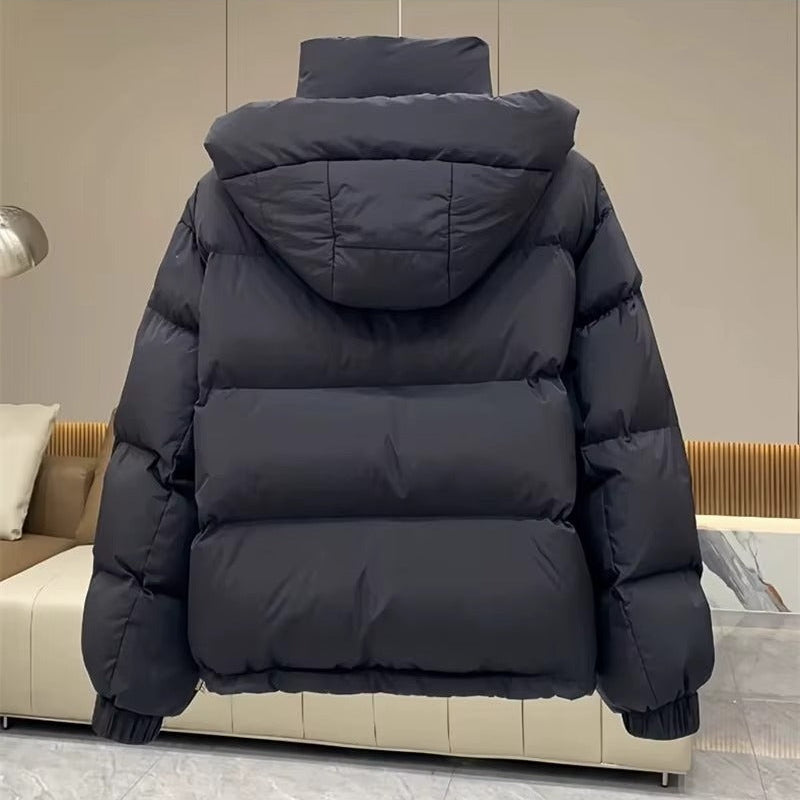 Women's cropped quilted puffer jacket with hood, long sleeves and zip front