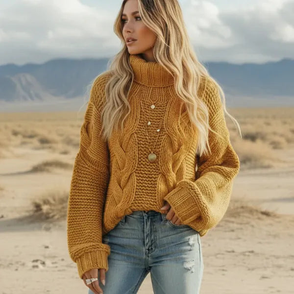 Women's Chunky Cable Knit Oversized Turtleneck Jumper