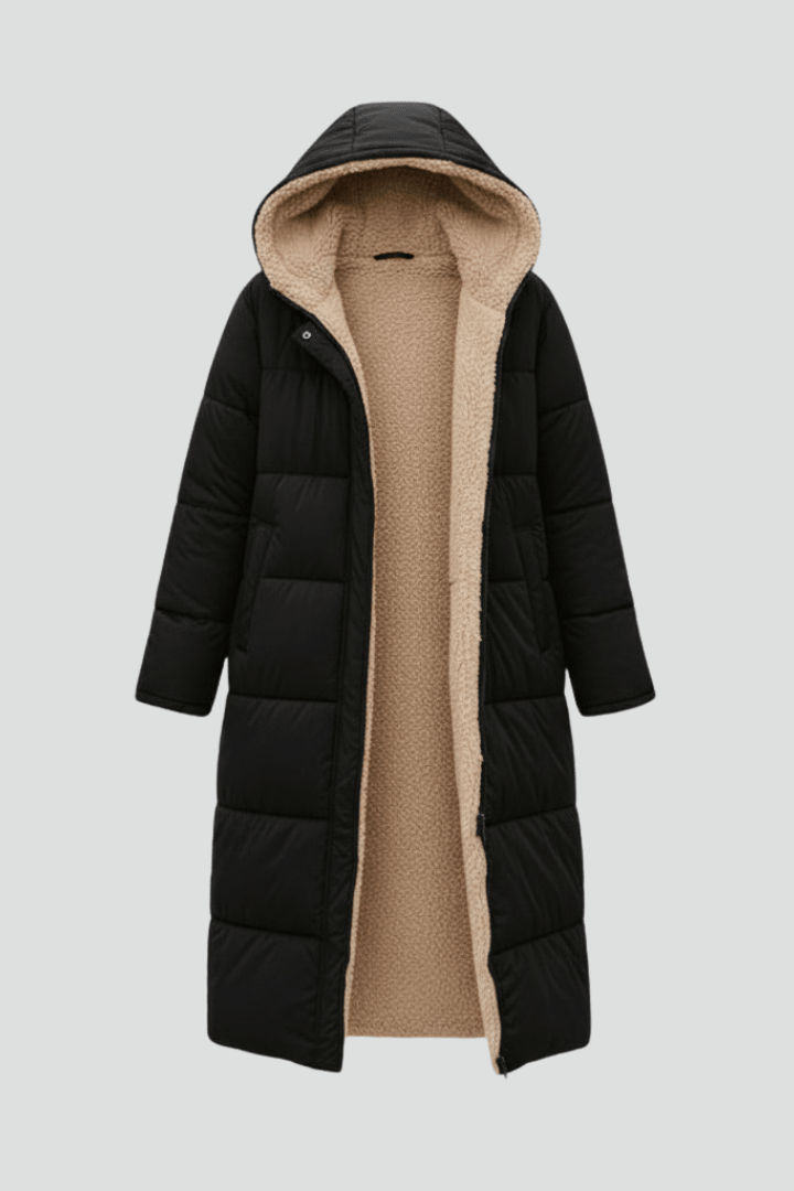 Women's Long Puffer Coat with Faux Shearling Trim