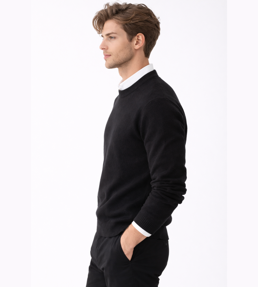 Men's textured knit crew neck sweater shown in light blue and black with long sleeves and ribbed edges