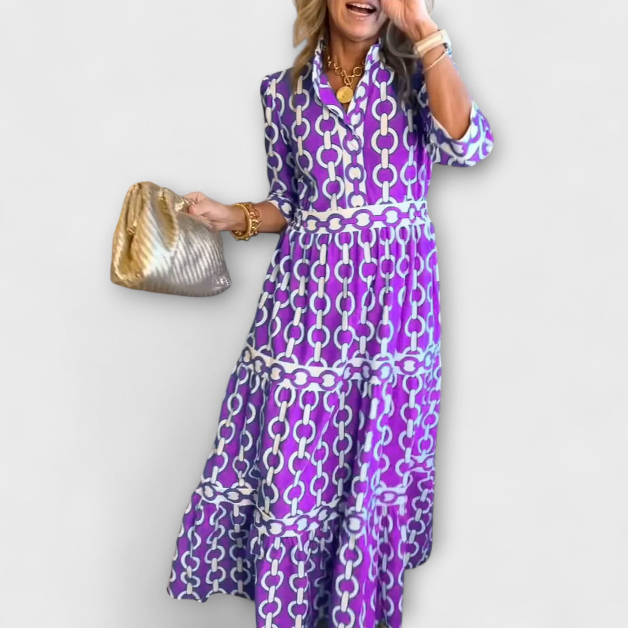 Chain Print Collared Tiered Midi Shirt Dress