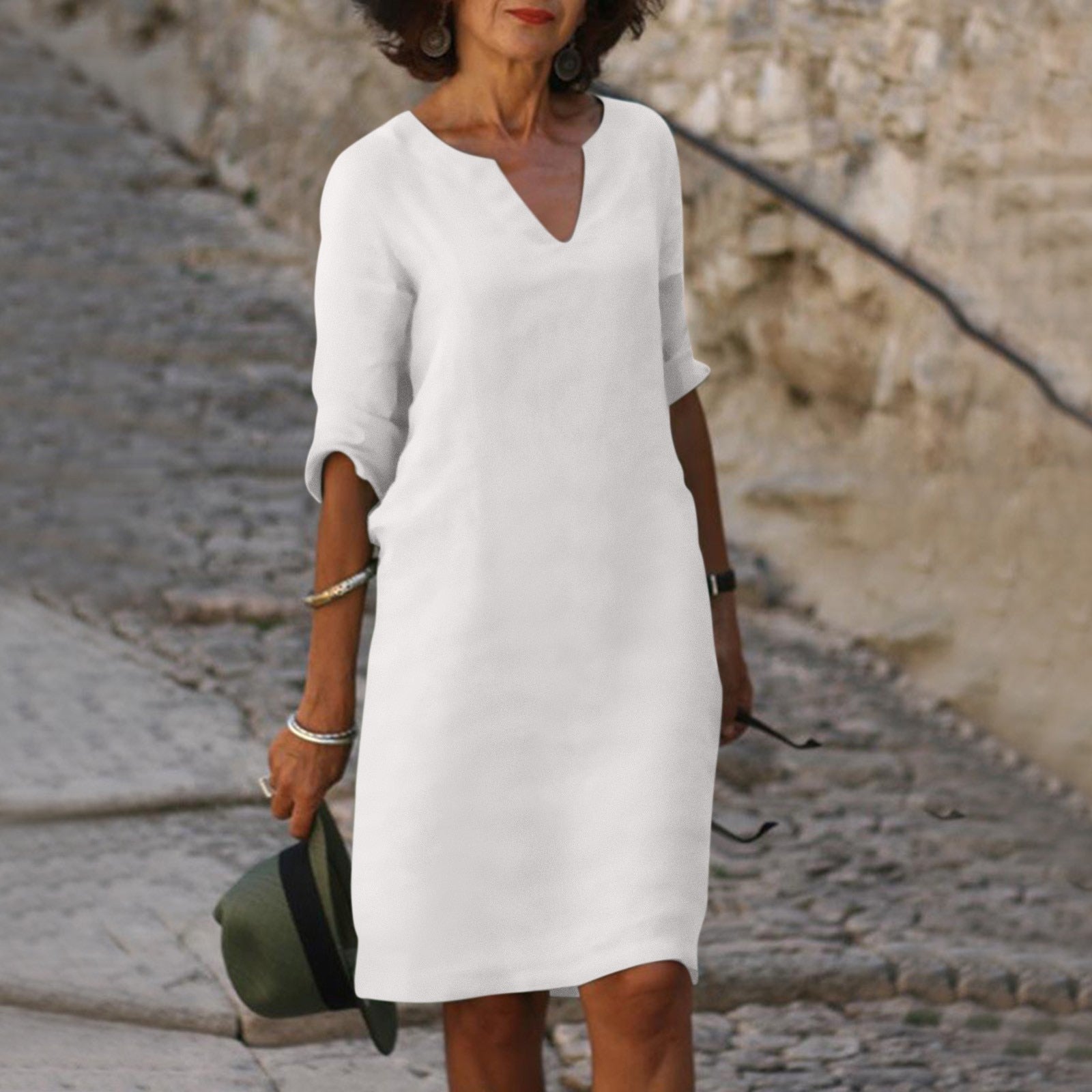 Notch V-Neck Linen Shift Dress with Roll-Up Sleeves