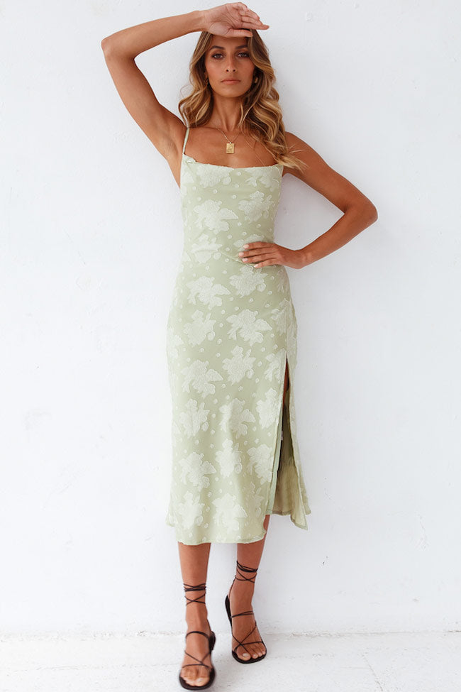 Floral Jacquard Square Neck Slip Midi Dress