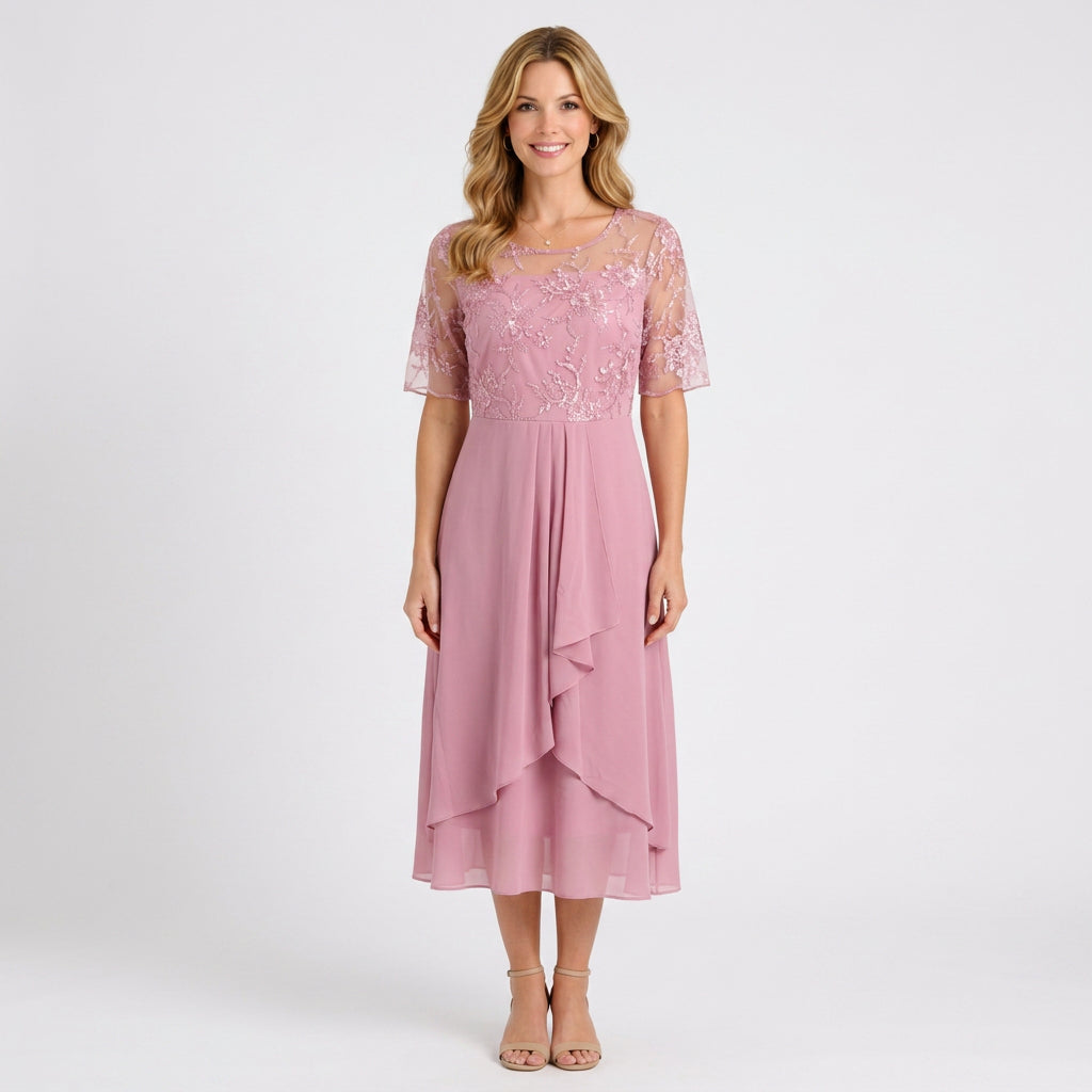 Lace Bodice Midi Dress – Sheer Sleeve Occasion Style