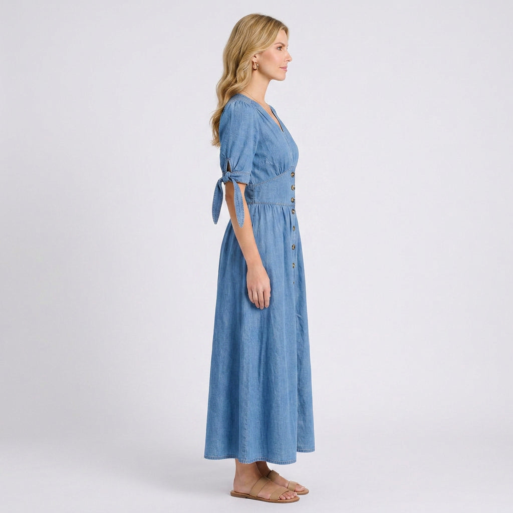 Maxi Dress – Button Front Tie Sleeve Casual Style
