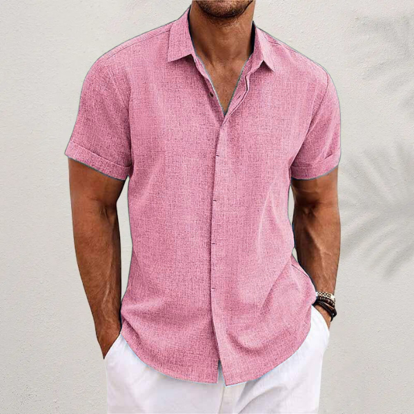 Linen Blend Short Sleeve Shirt with Point Collar