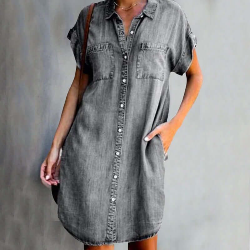 Dual Pocket Button-Front Denim Shirt Dress