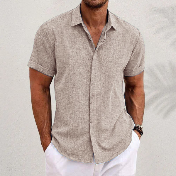 Linen Blend Short Sleeve Shirt with Point Collar
