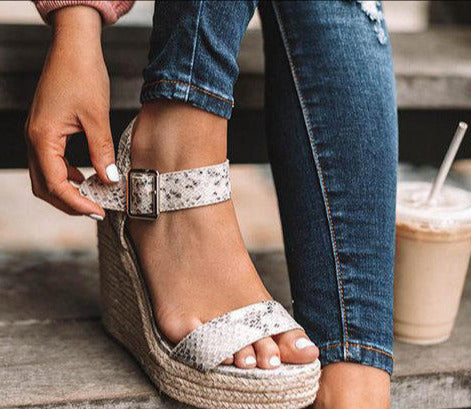 Espadrille Wedge Sandals with Ankle Strap Buckle