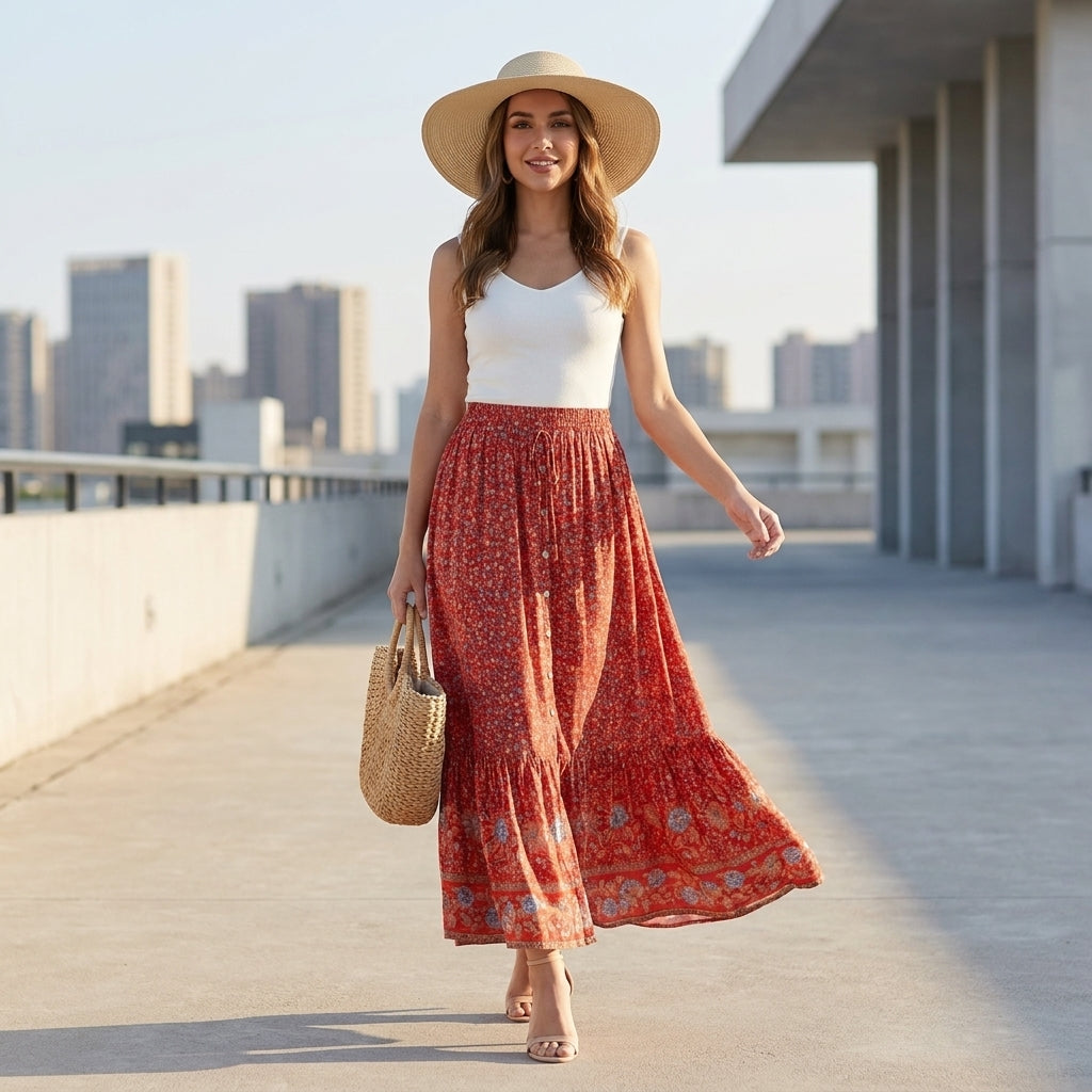 Floral Border Print Button-Front Maxi Skirt