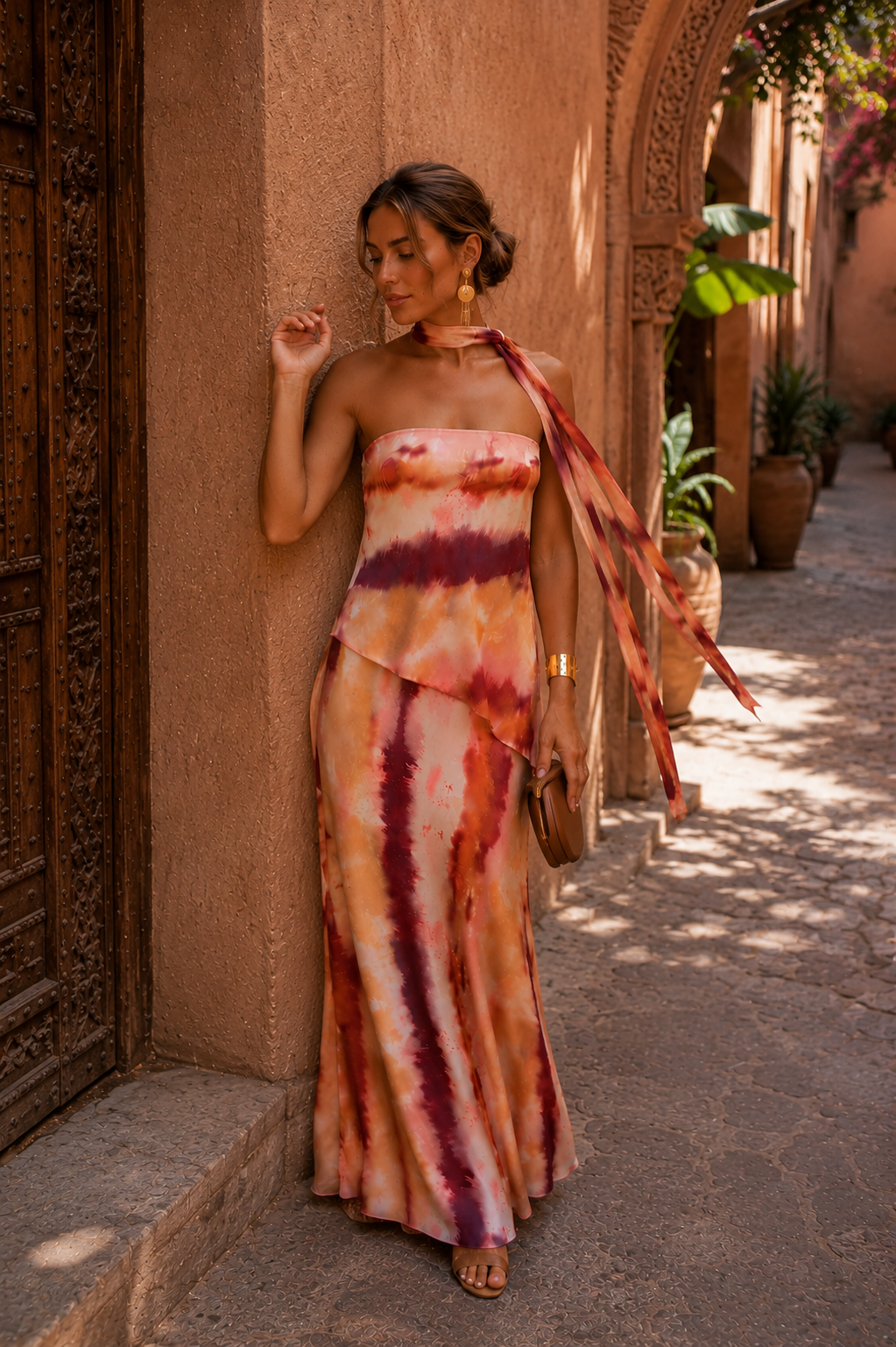Tie-Dye Strapless Maxi Dress with Neck Tie Detail
