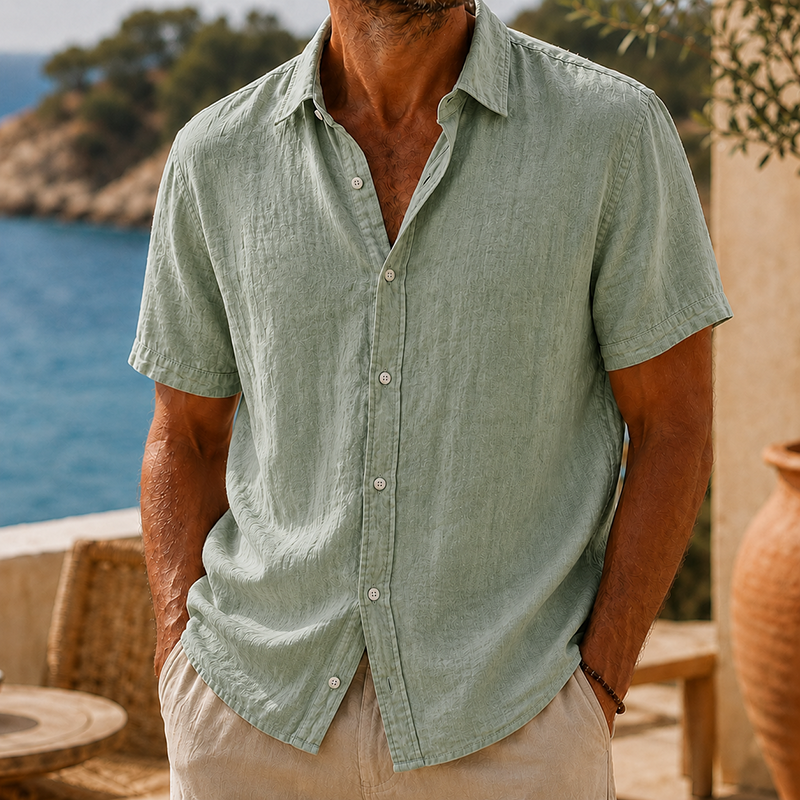 Short Sleeve Cotton Linen Shirt with Classic Collar