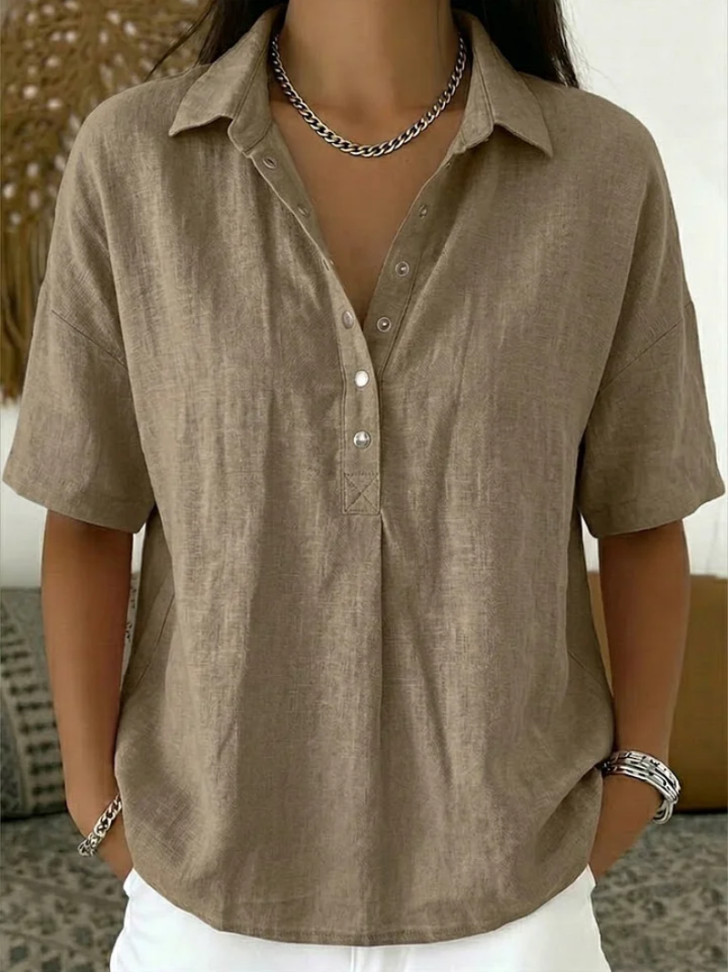 Linen Blend Collared Popover Shirt with Snap Buttons