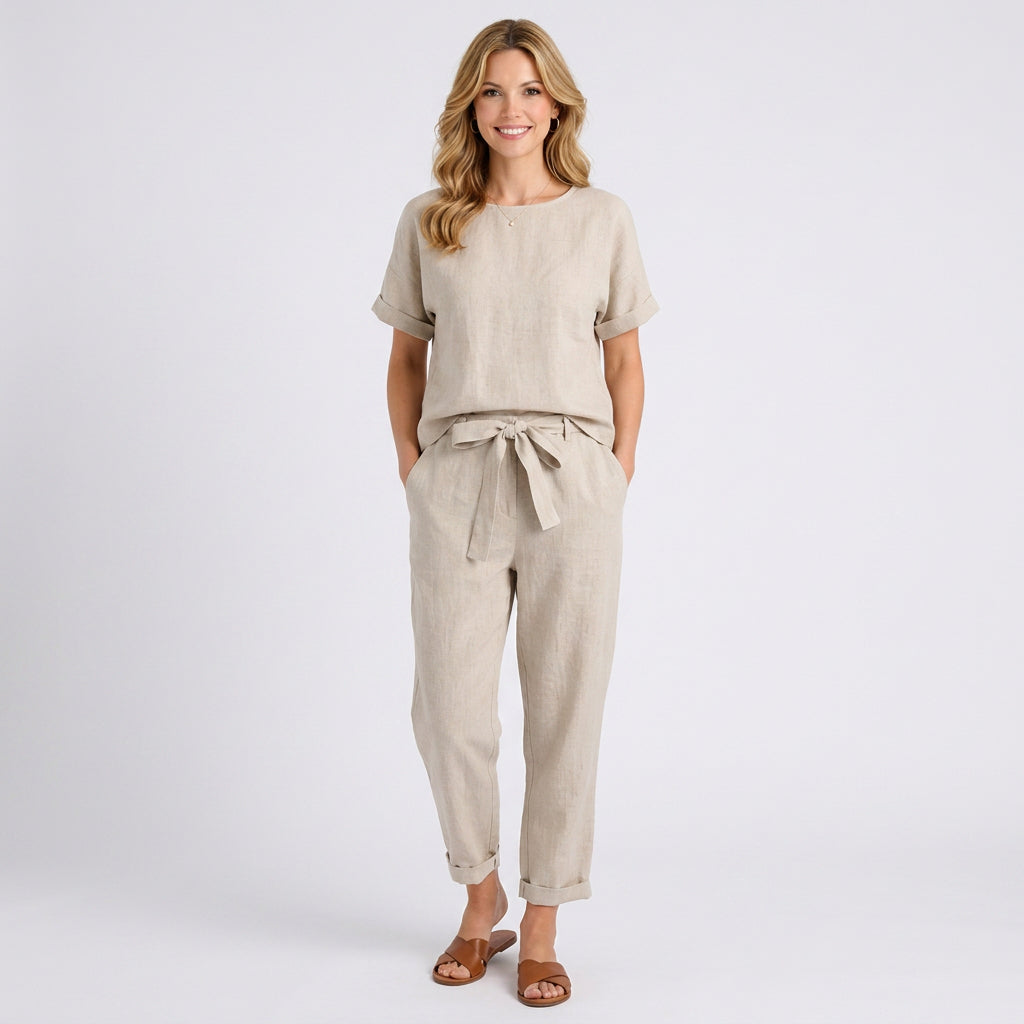 Linen Blend Tie-Waist Top and Trouser Set